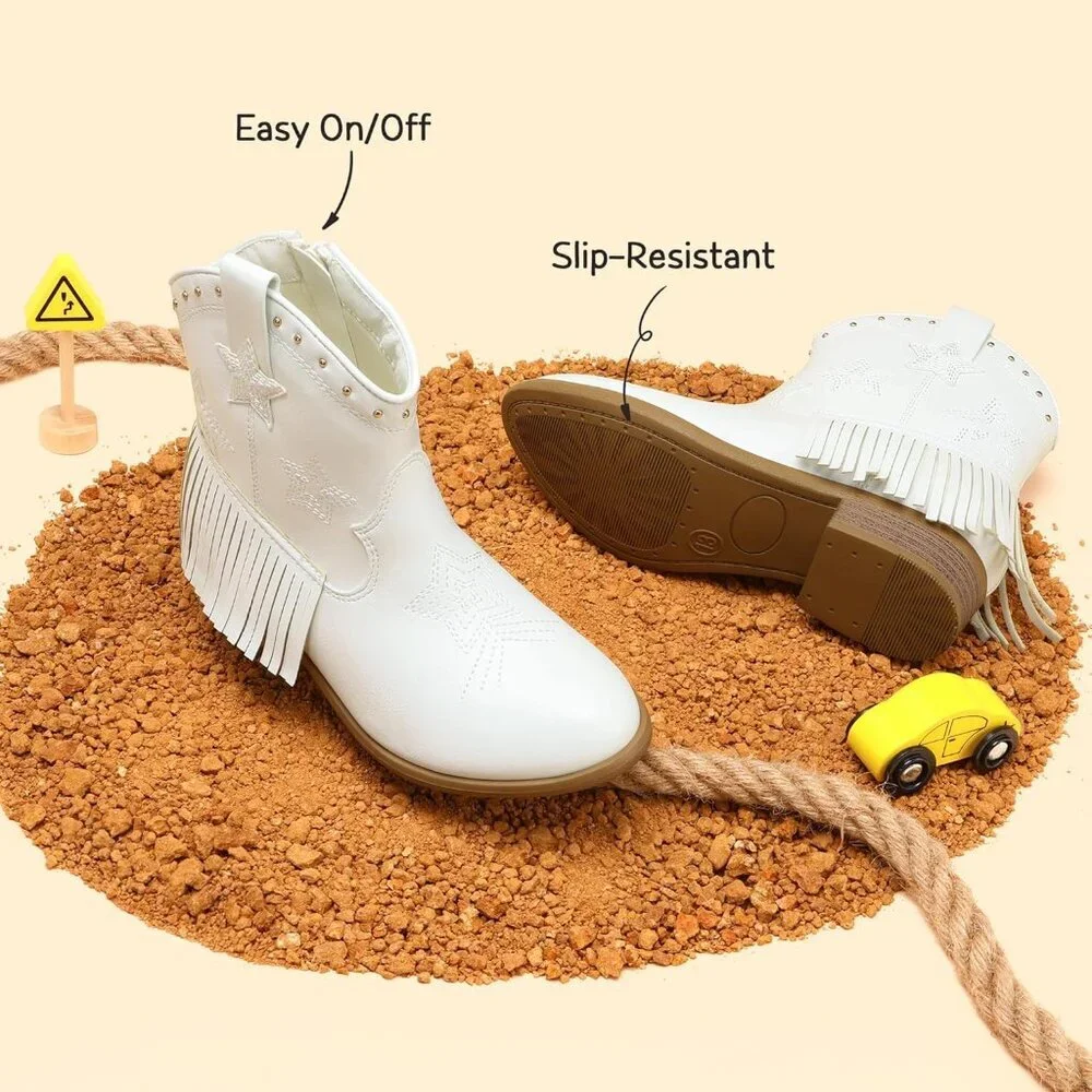 ⚡Girls White Cowgirl Ankle Western Boots Side Zipper Riding Shoes With Tassel